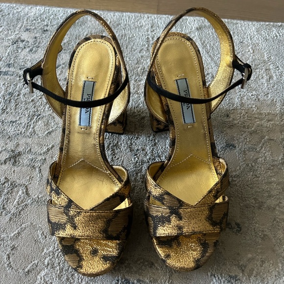 PRADA Women's GOLD Platform Chunky Heel Sandals - Picture 3 of 7